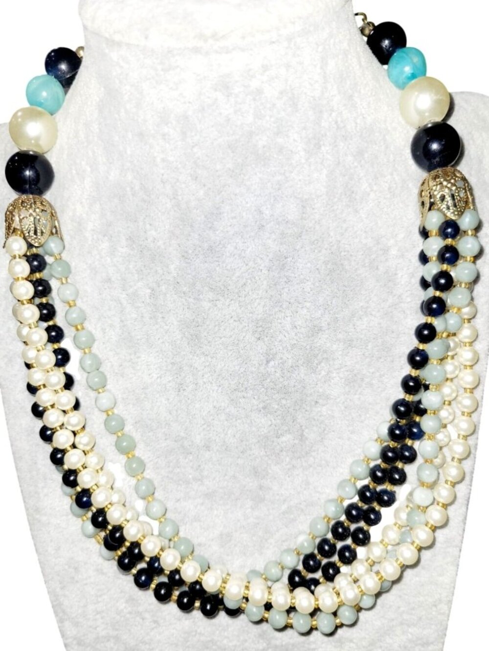 Vintage Faux Pearl, Black and Turquoise Beaded Necklace Six Strands Adjustable